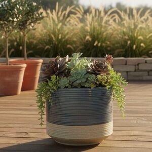 Modern Ribbed Ceramic Planter - Two-Tone Blue & Beige 6" Succulent Pot